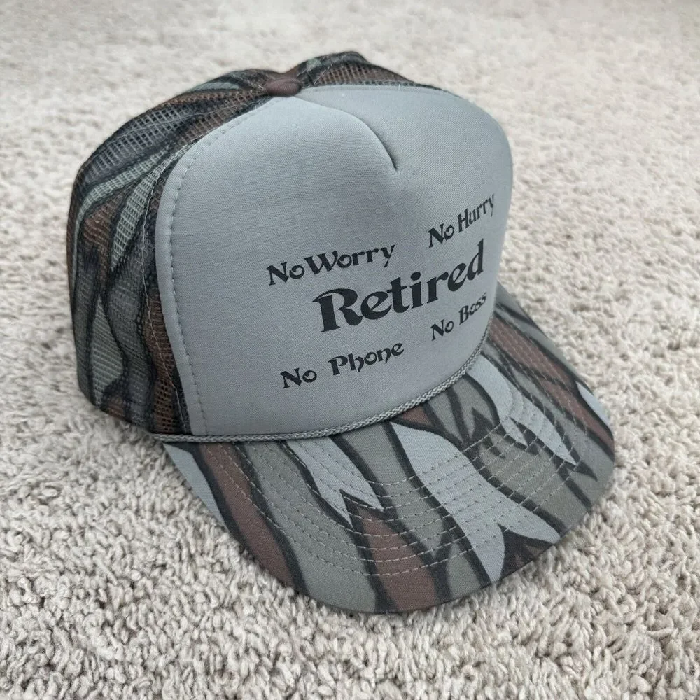 Retired Hat Camo Trucker Snapback No Worry Hurry‎ Phone Boss Vtg Foam Mesh Cap